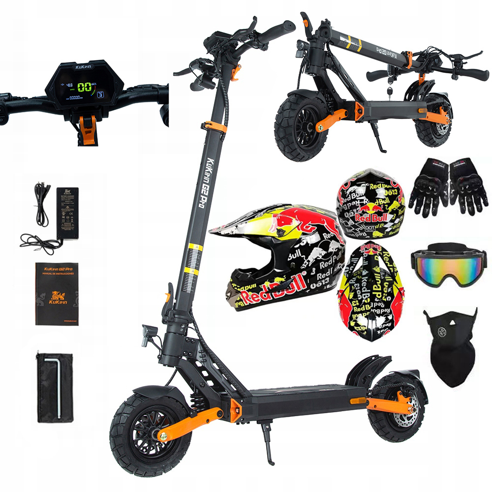 Uno scooter elettrico con accessori: caschi, guanti, occhiali, caricabatterie e attrezzi.