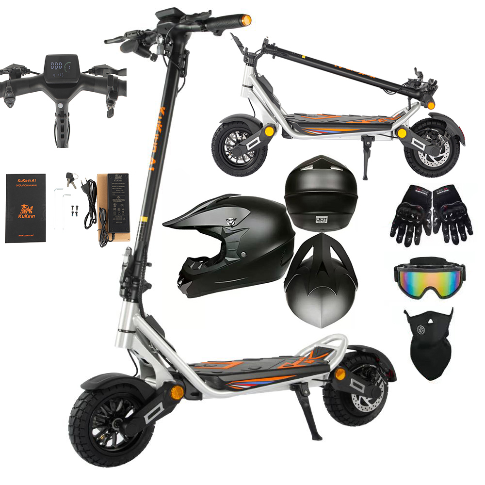 Monopattino elettrico con accessori: caschi, guanti, occhiali, cavo.