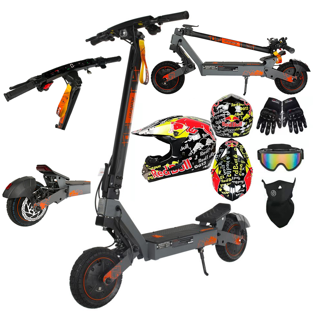 Monopattino elettrico grigio con accessori: caschi, guanti, occhiali, passamontagna.