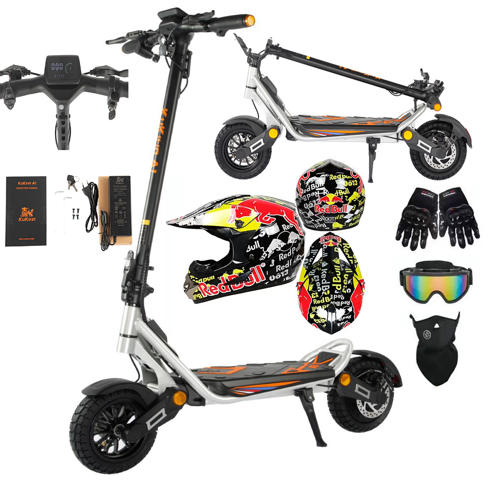 Monopattino elettrico con accessori: caschi, guanti, occhiali, maschera e caricabatterie.