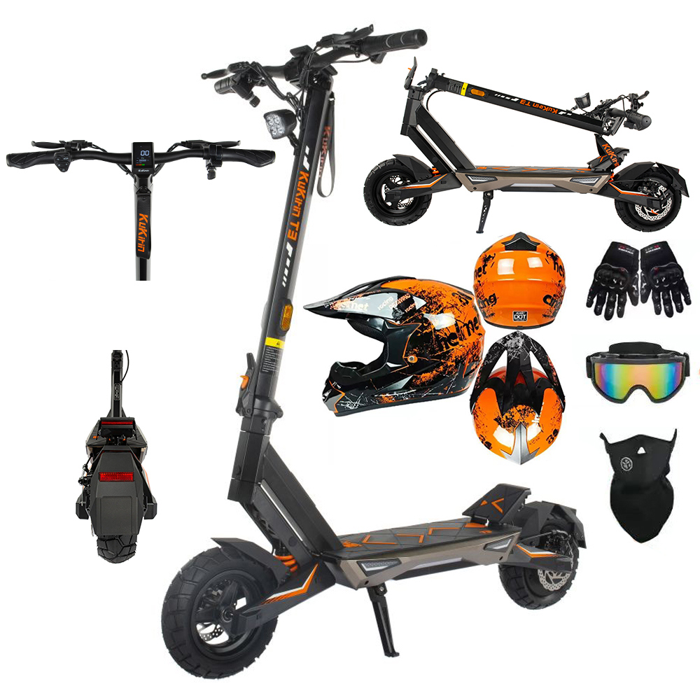 Monopattino elettrico con accessori: casco, guanti, occhiali e maschera su sfondo bianco.