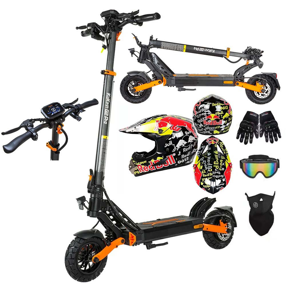 Monopattino elettrico con caschi Red Bull, guanti, occhiali e maschera.