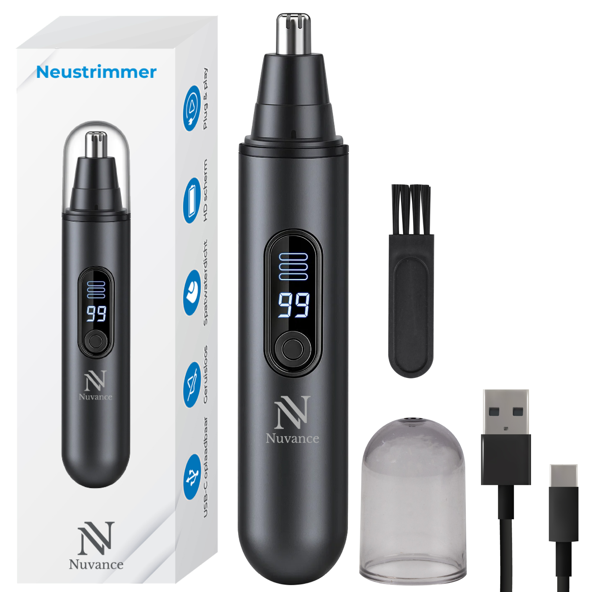 Een zwarte neustrimmer met accessoires: schoonmaakborstel, USB-C-kabel en kapje.
