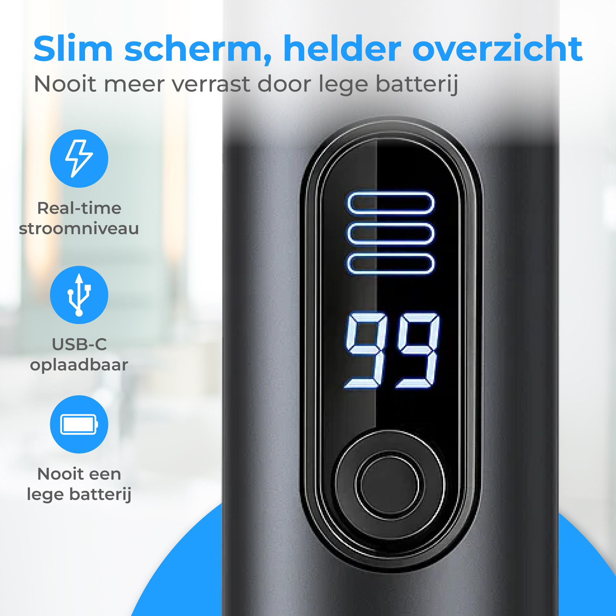 Slank scherm toont 99% batterij. Bliksemschicht-icoon voor realtime stroom.