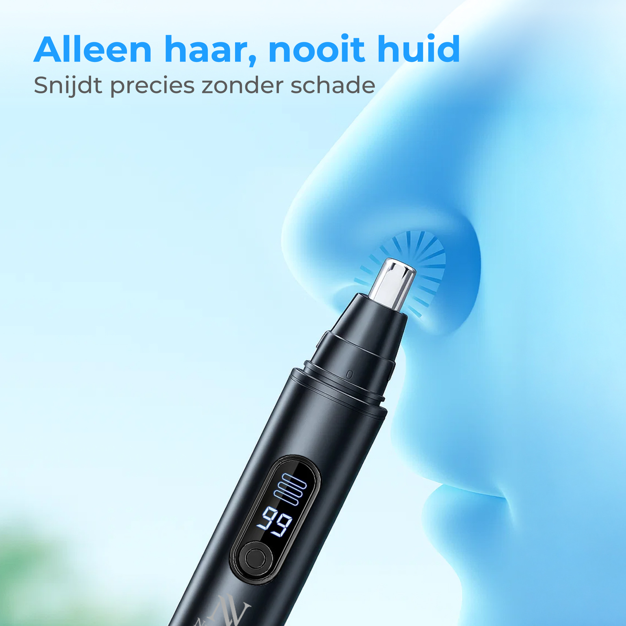 Een zwarte neustrimmer wordt in een blauw neusprofiel ingebracht.