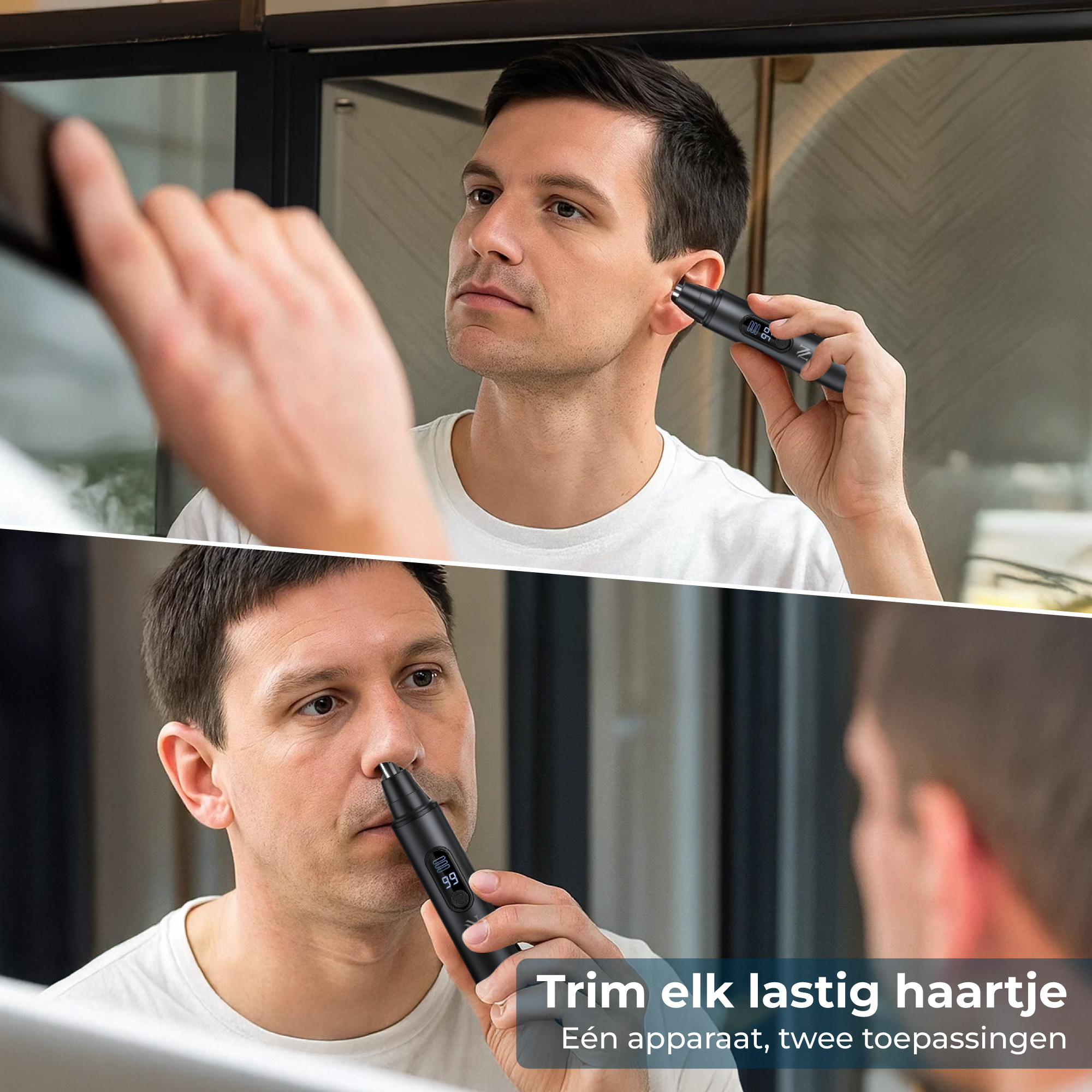 Man gebruikt trimmer in oor en neus, weerspiegeld in spiegel.