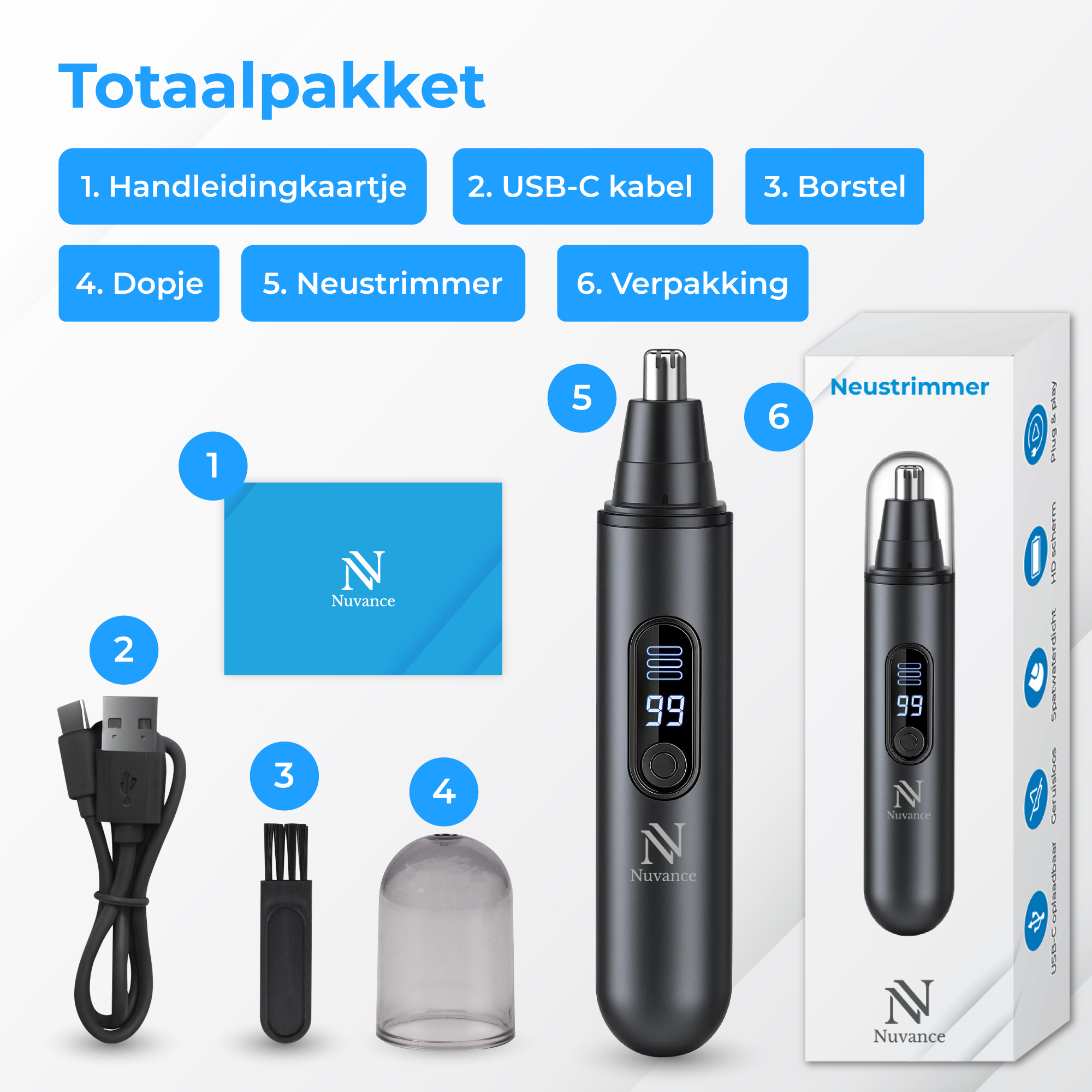 Totaalpakket: Handleiding, USB-C kabel, borstel, dopje, neustrimmer, verpakking.