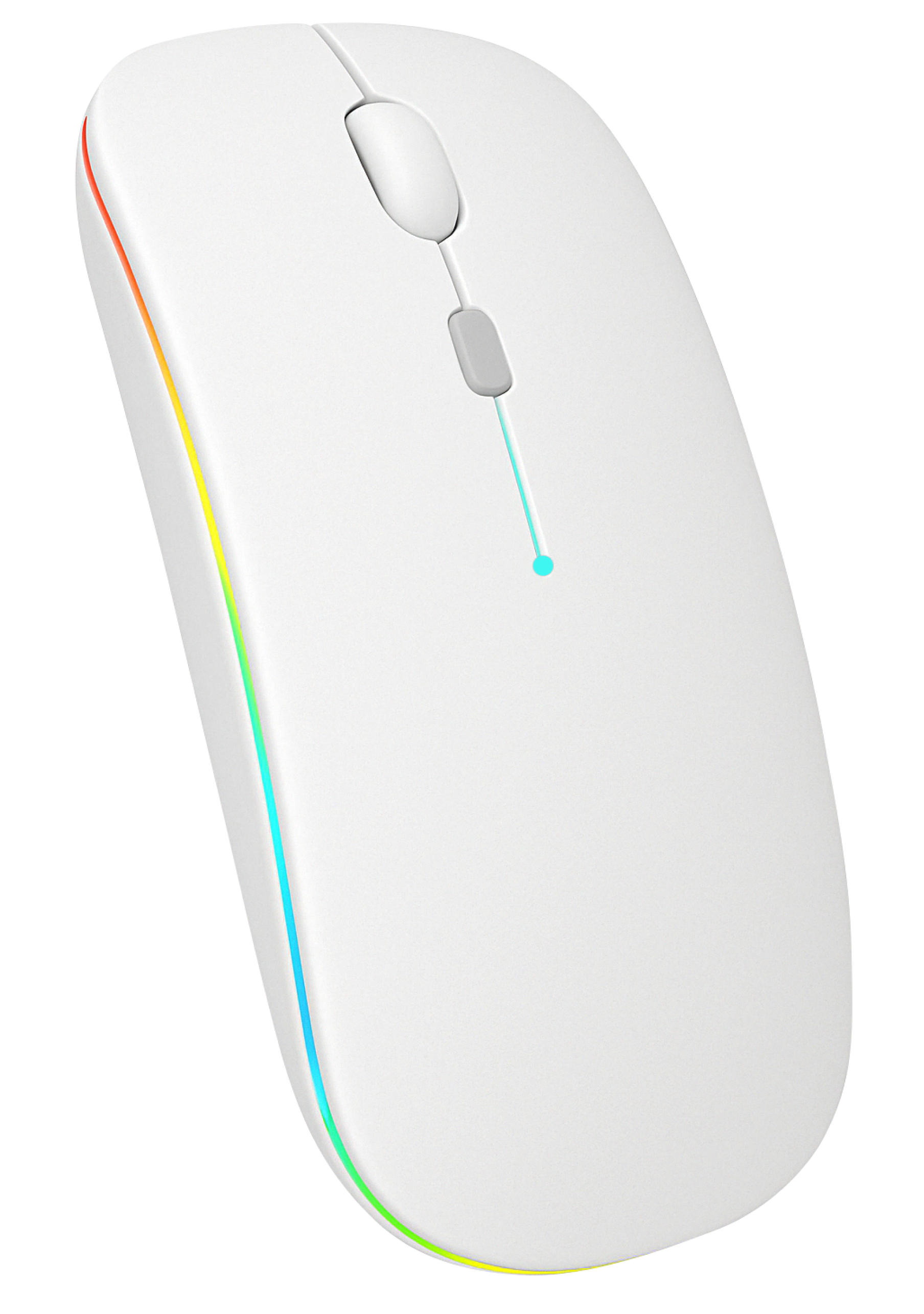 Witte muis met kleurrijke LED-accenten aan de zijkant en scrollwiel.