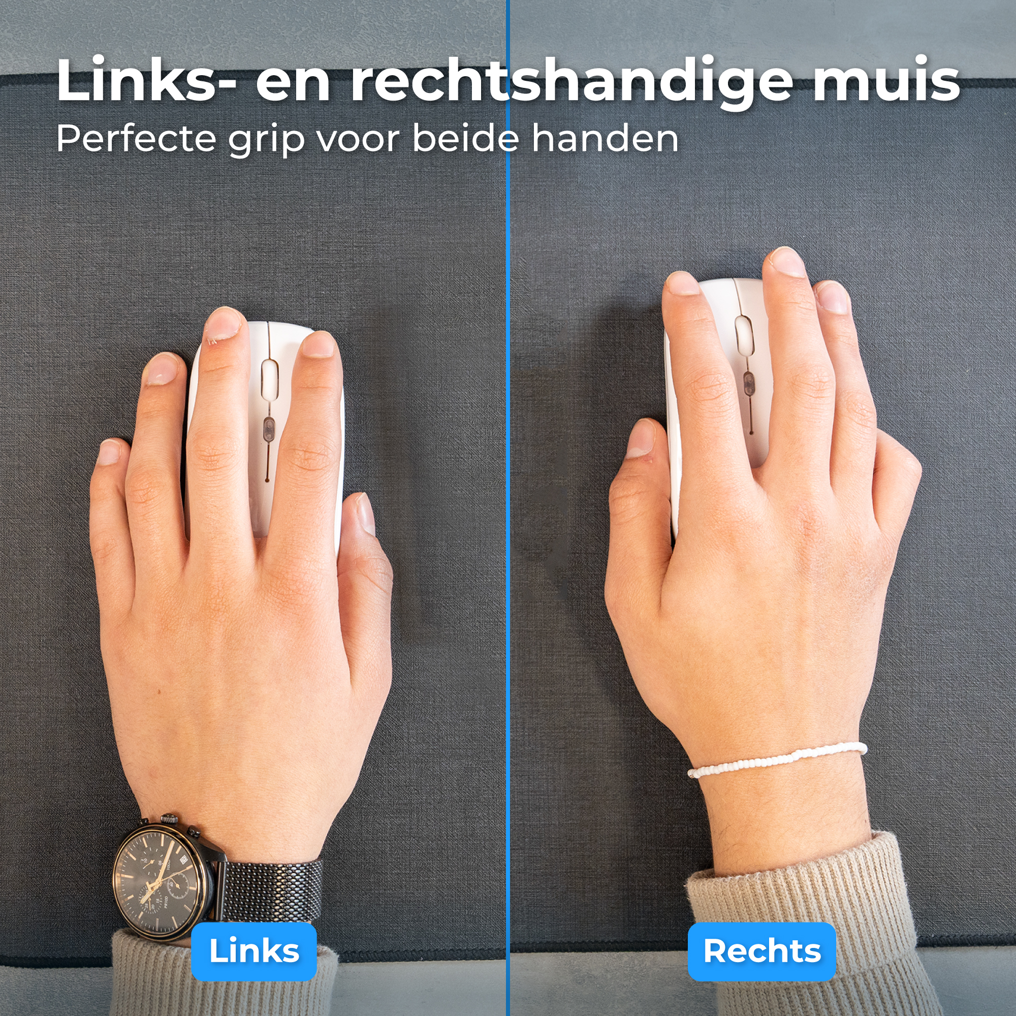 Linker- en rechterhand houden een witte muis op zwarte ondergrond.