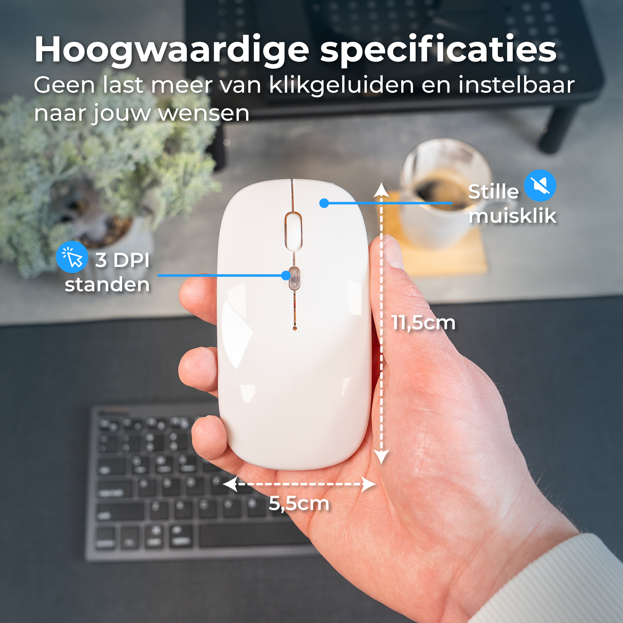 Witte muis in de hand, 11,5x5,5cm, met DPI-standen & stille klik.