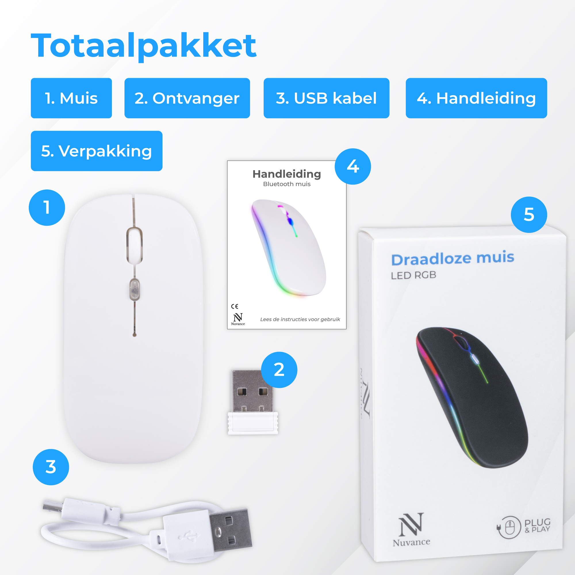 Een witte muisset met USB-ontvanger, kabel, handleiding en verpakking.