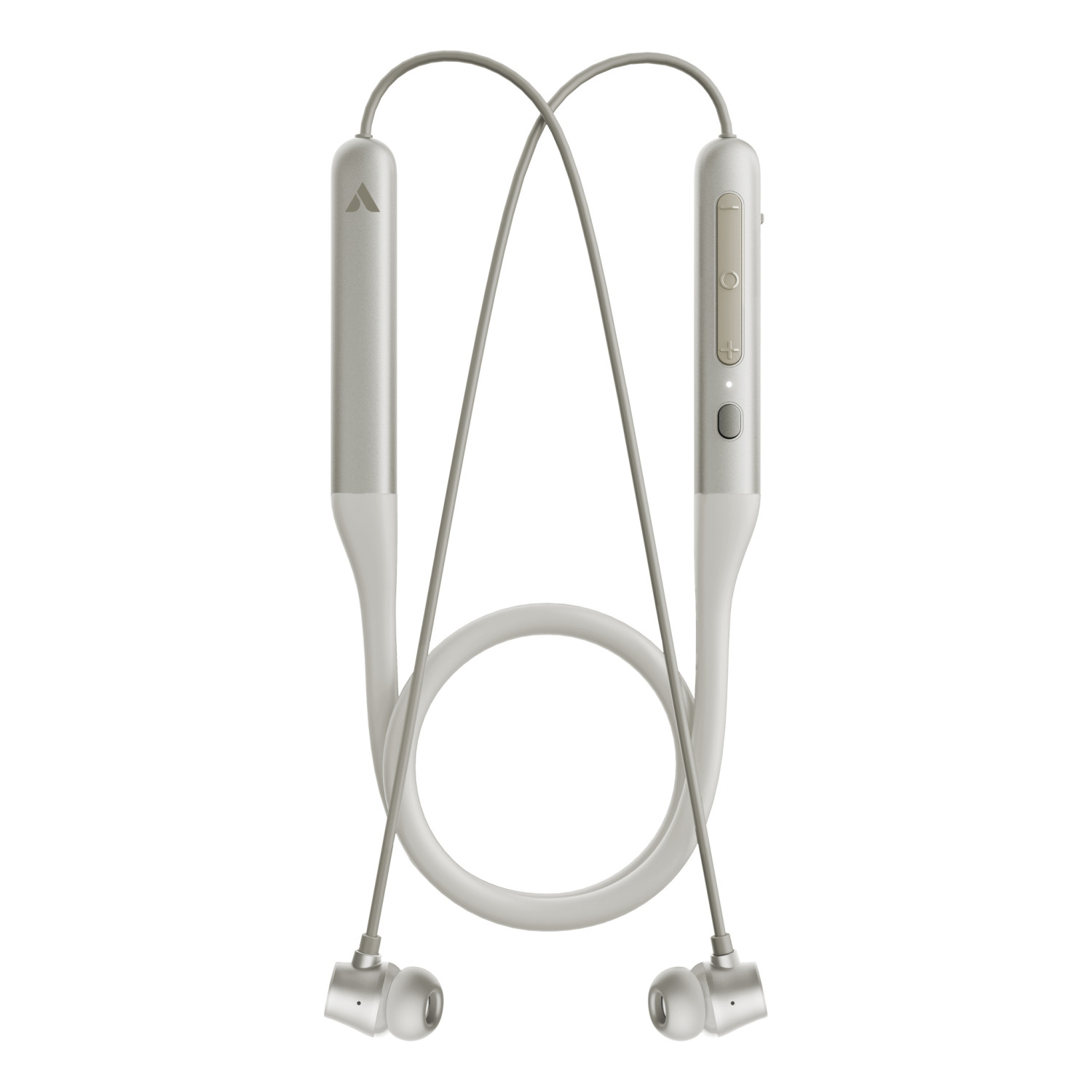 Graue Nacken-Kopfhörer mit weißen Akzenten und einem runden Kabel.