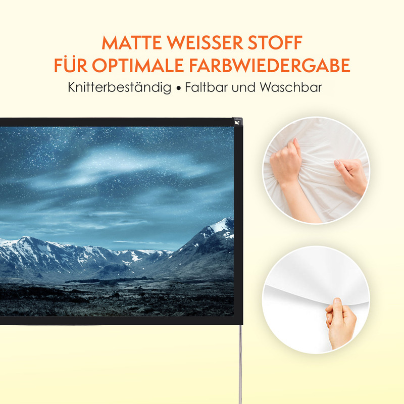 Leinwand mit Sternenhimmel-Motiv, Hände greifen weißen Stoff daneben.