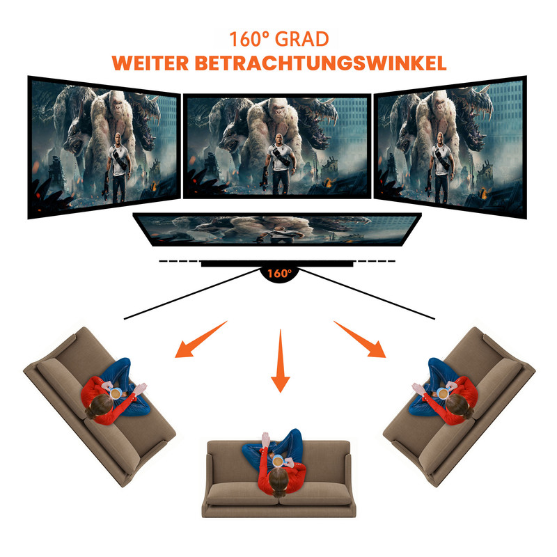 Drei Bildschirme zeigen ein Monster-Motiv. Unten sitzen drei Personen auf Sofas.