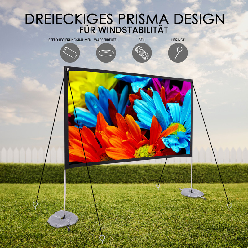 Leinwand mit Blumenmuster, aufgestellt im Freien auf einem Rasen mit weißem Zaun.
