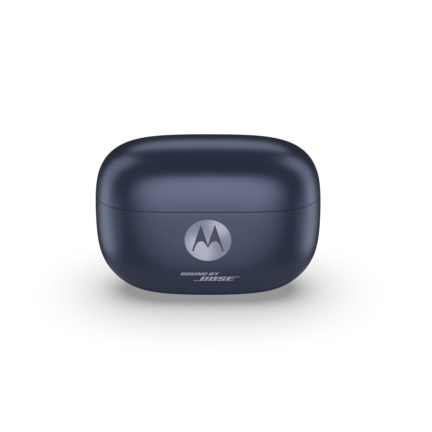 Dunkelblaue Motorola Ohrhörerhülle mit silbernen Motorola und Bose Logos.
