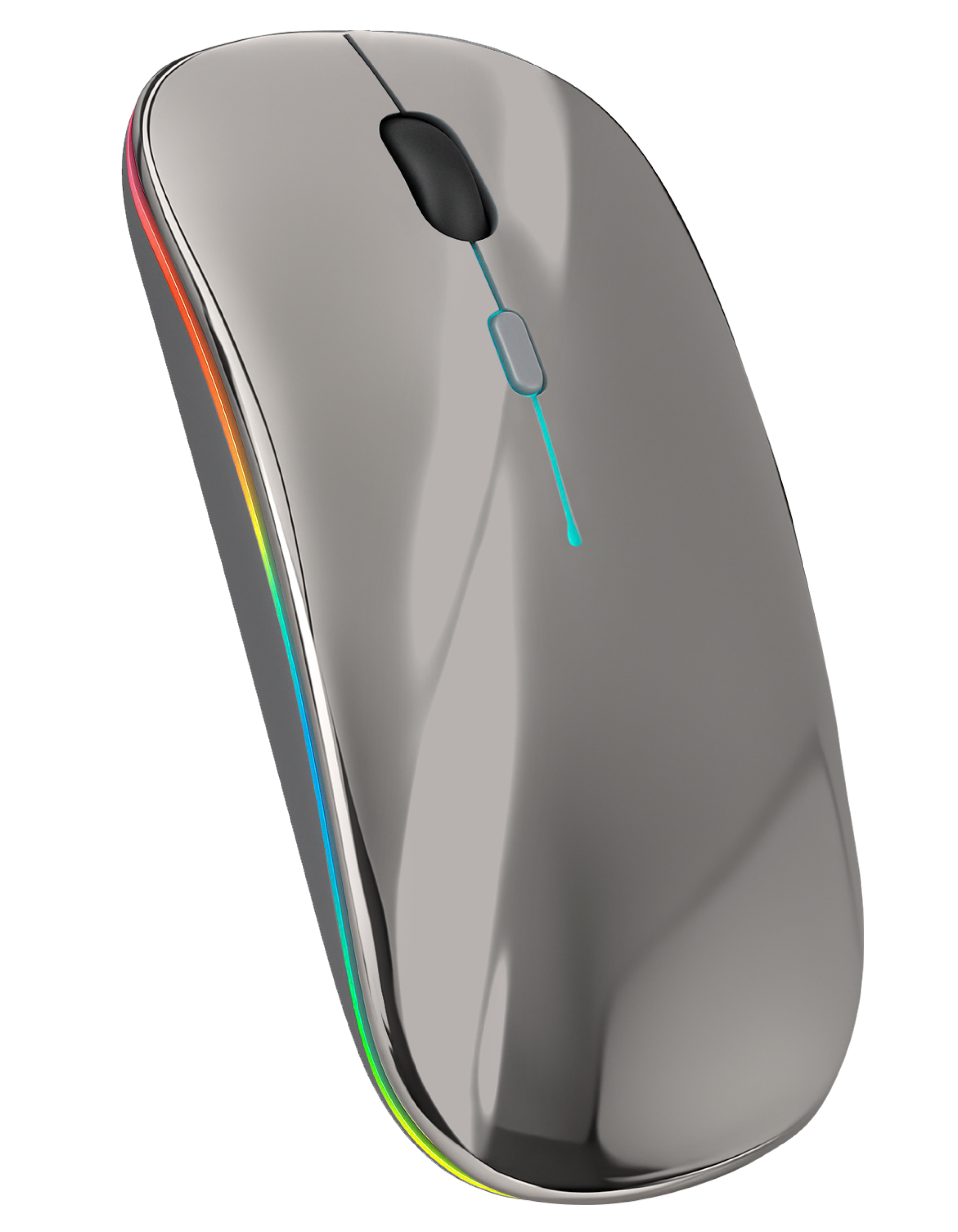 Grijze computermuis met RGB-verlichting aan de zijkant en scrollwiel.