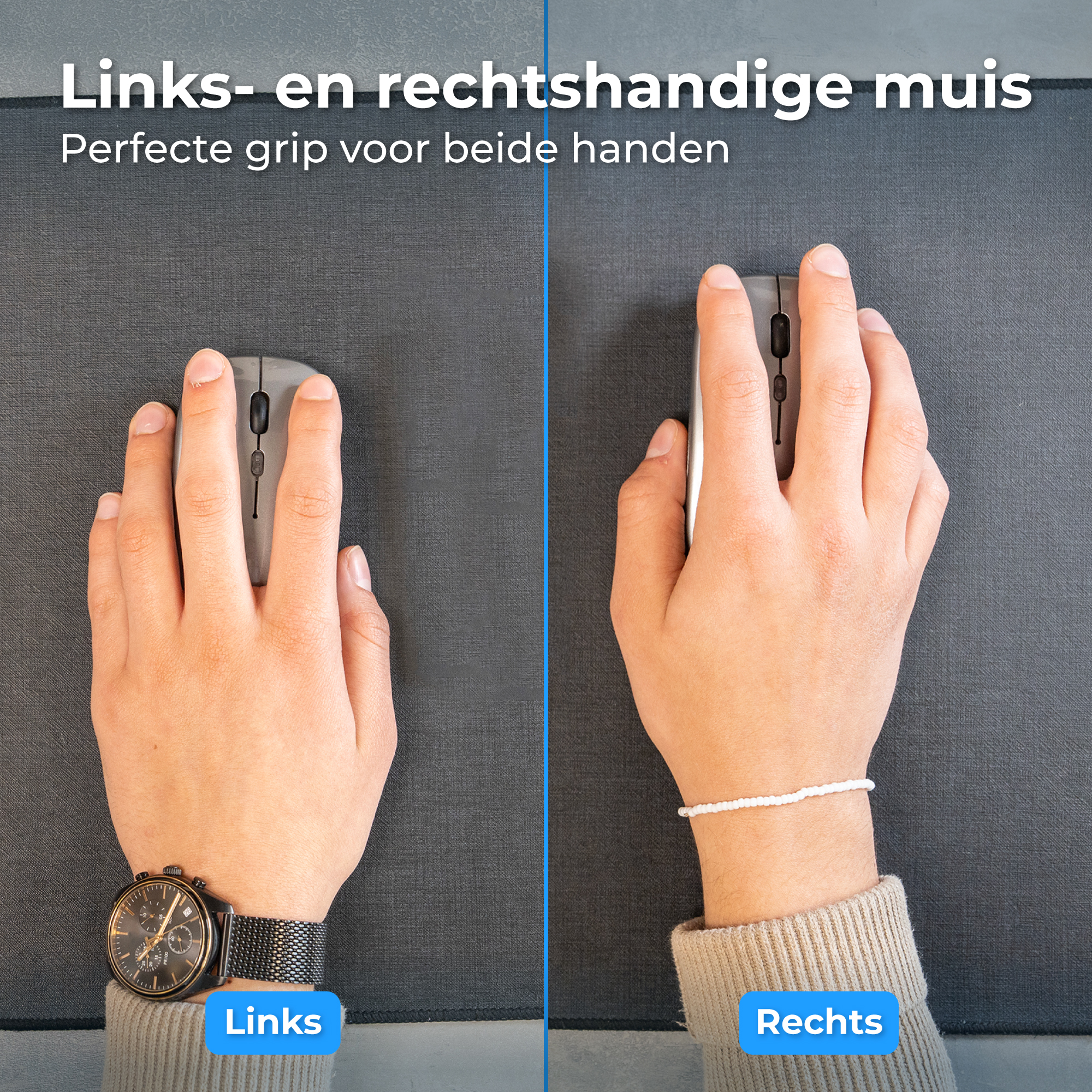 Handen bedienen een muis: Links met horloge, Rechts met armband.