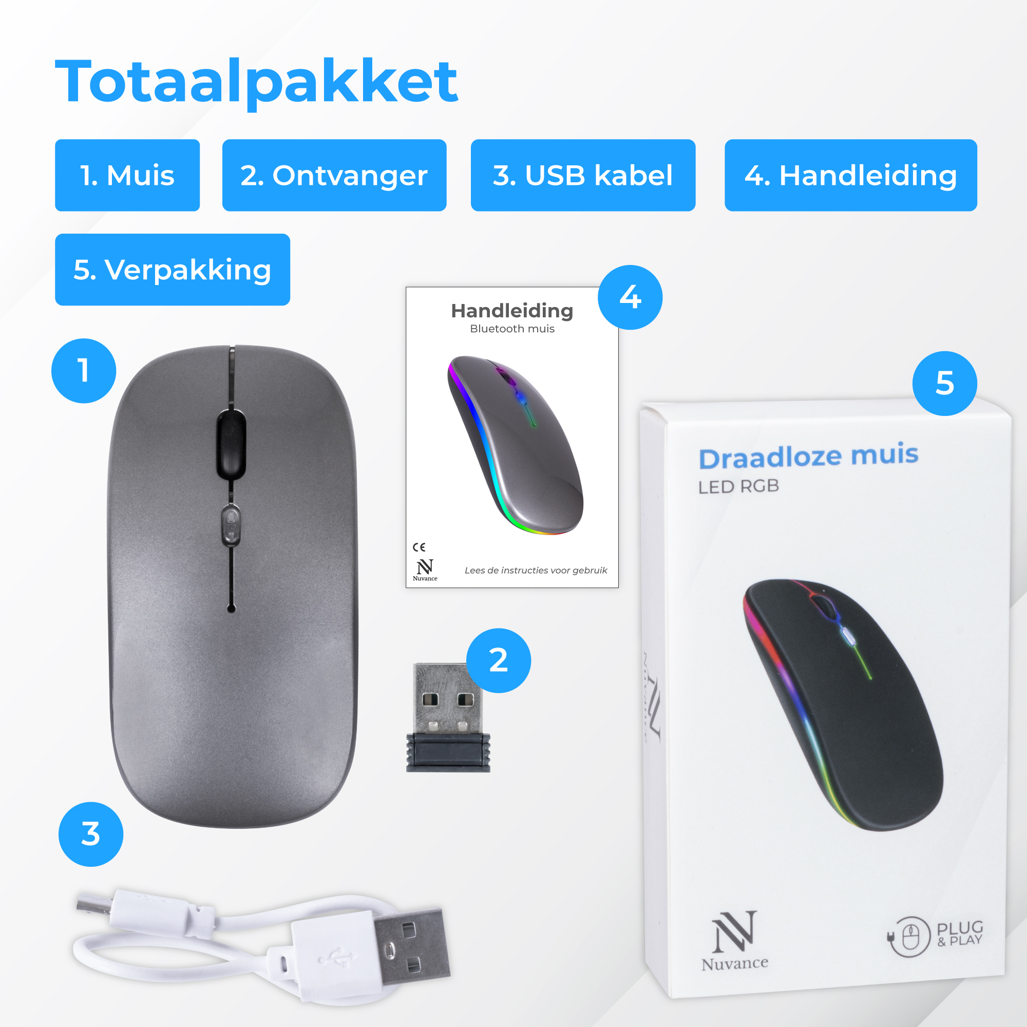 Een grijze draadloze muis set met USB-ontvanger, kabel en handleiding.