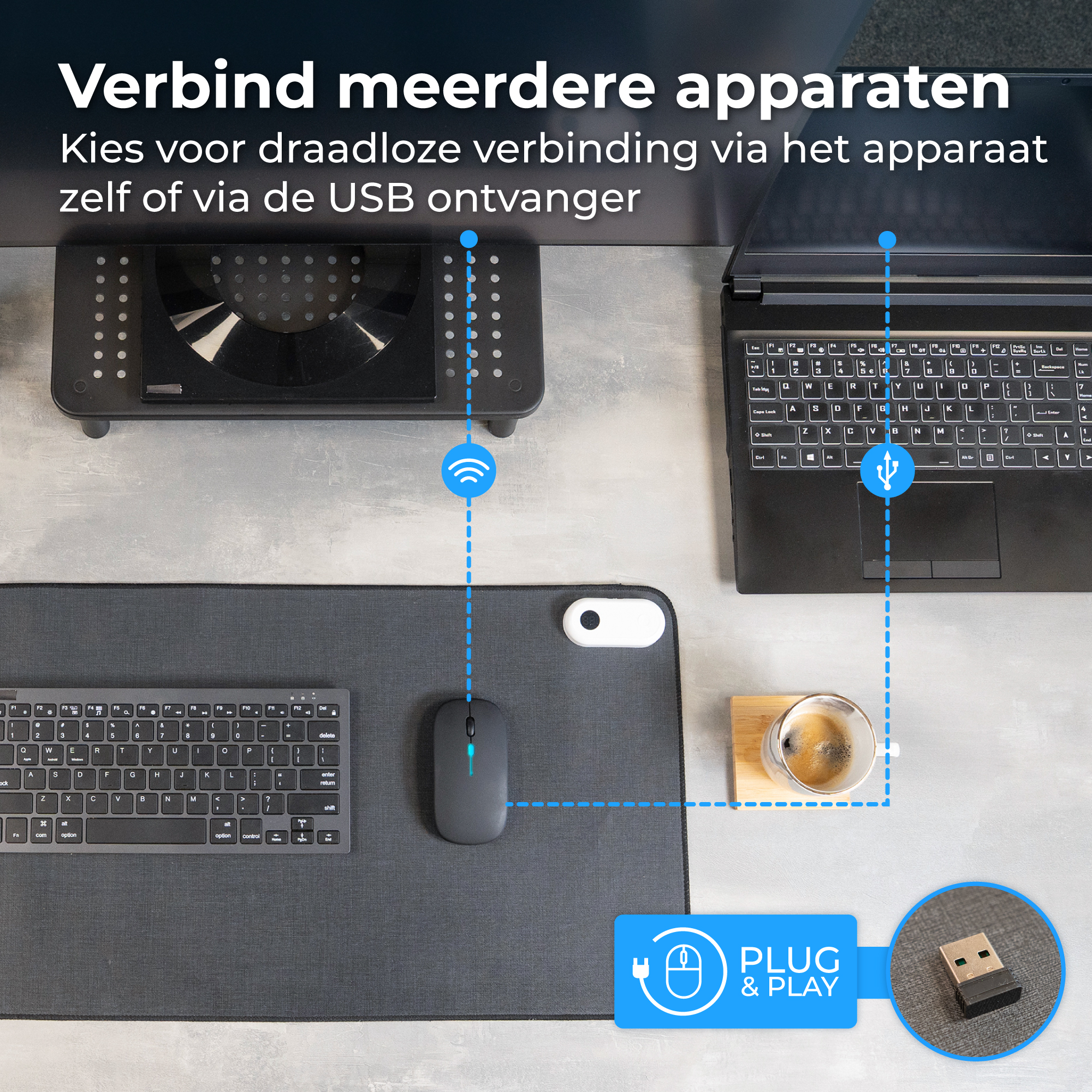 Een laptop, muis, toetsenbord en koffie. Draadloze verbinding wordt getoond.