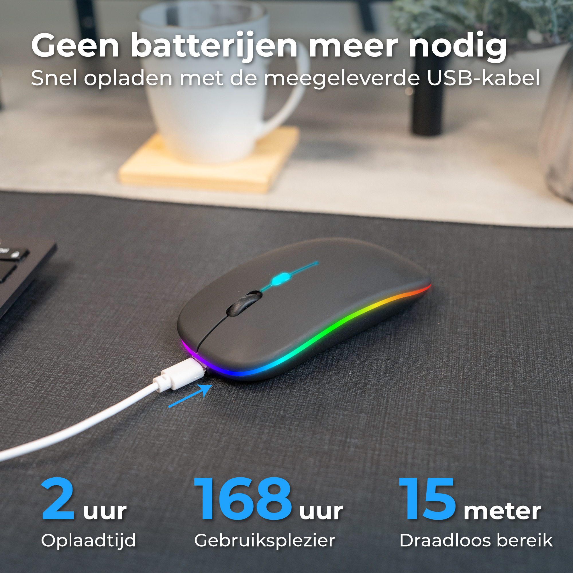 Grijze muis met USB-kabel, kleurrijke LED-verlichting. Oplaadtijd 2 uur.