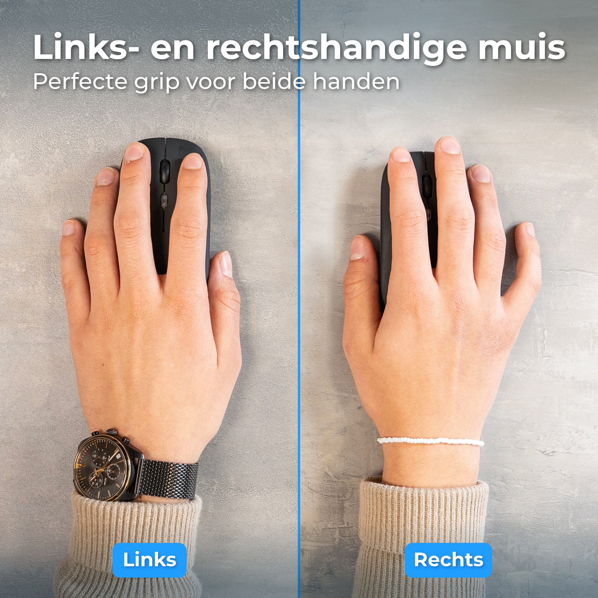 Linker- en rechterhand houden een zwarte muis op grijze ondergrond.