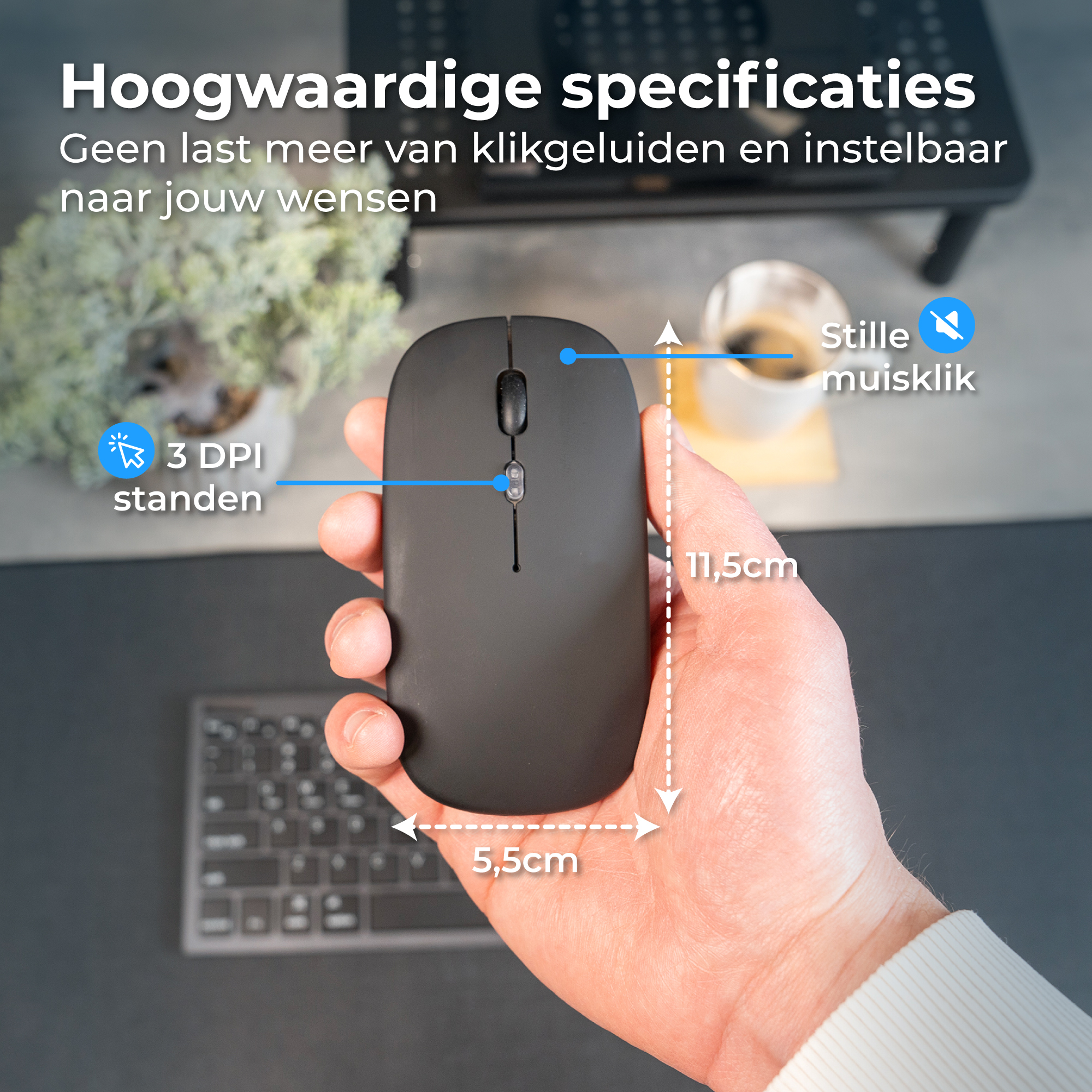 Zwarte muis met labels voor 3 DPI, 11,5 cm en 5,5 cm.