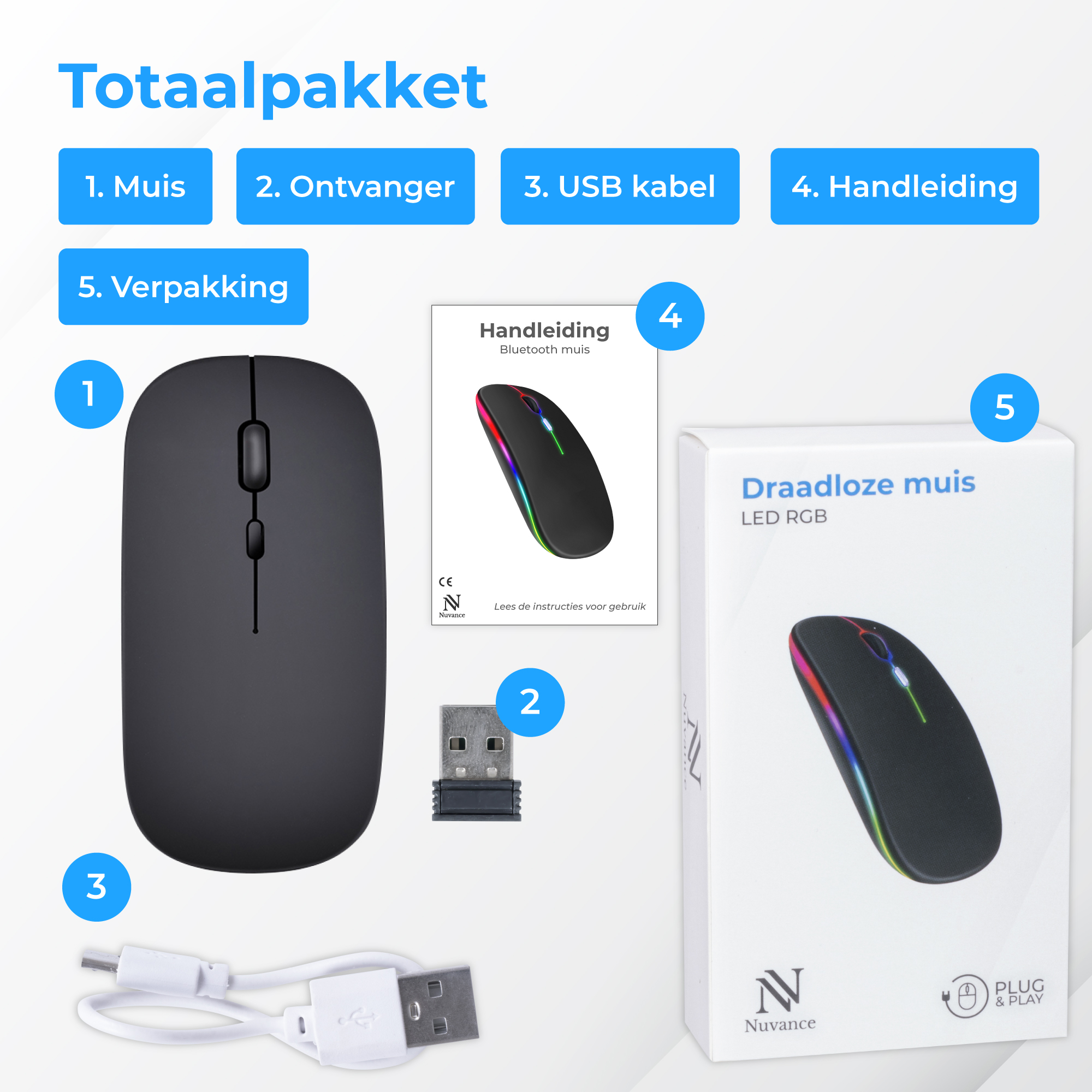 Een zwarte draadloze muis set met USB-ontvanger, kabel en handleiding.