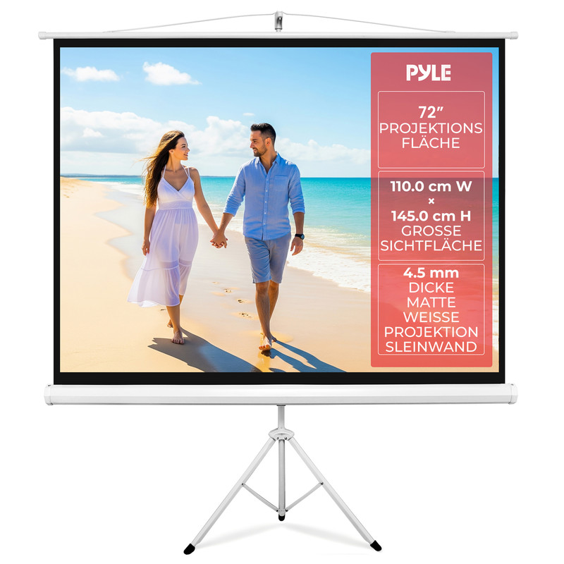 Ein Paar spaziert Hand in Hand am Strand. Pyle-Projektionsleinwand mit Maßen.