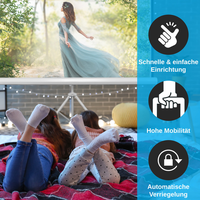 Frau in blauem Kleid im Wald und Kinder mit Füßen auf Decke.
