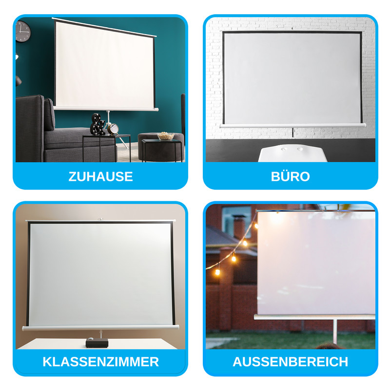 Vier Projektionsleinwände: Zuhause, Büro, Klassenzimmer, Außenbereich.