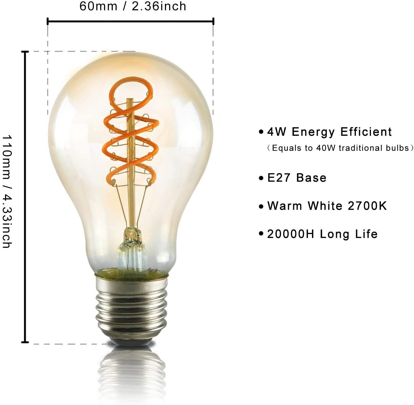 Eine 4W, E27 Sockel, warmweiße Glühbirne im Edison-Stil mit sichtbarem Glühfaden. Maße angegeben.