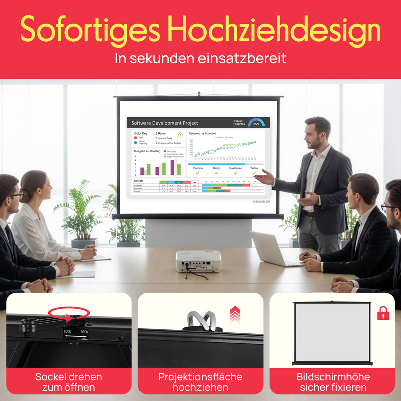 Ein Mann präsentiert eine Folie mit Diagrammen vor einem Publikum. Unten sind drei Detailansichten.