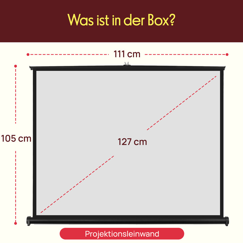 Eine Projektionsleinwand mit Maßen 111 cm Breite und 105 cm Höhe.