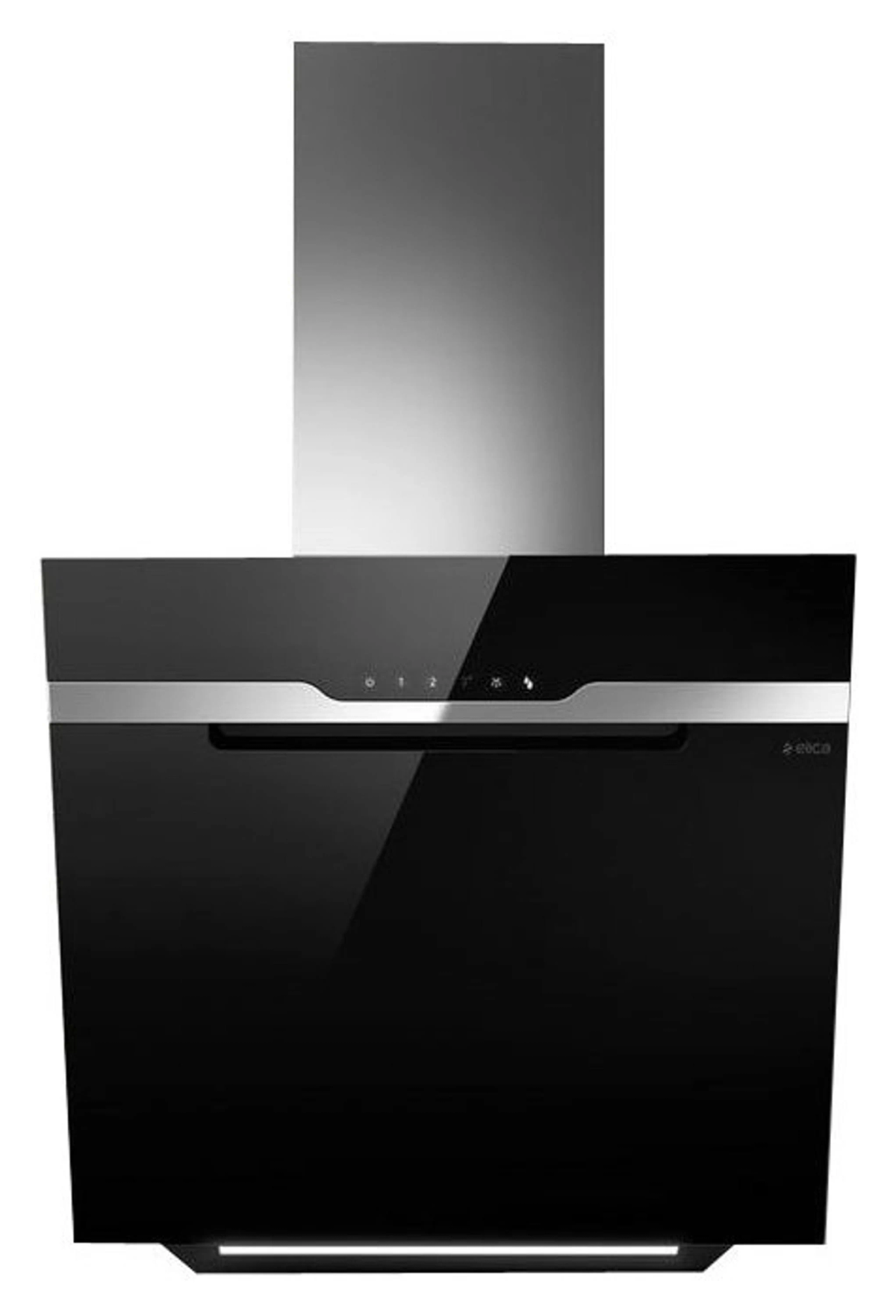 Moderna cappa da cucina nera con touchscreen e striscia argentata.
