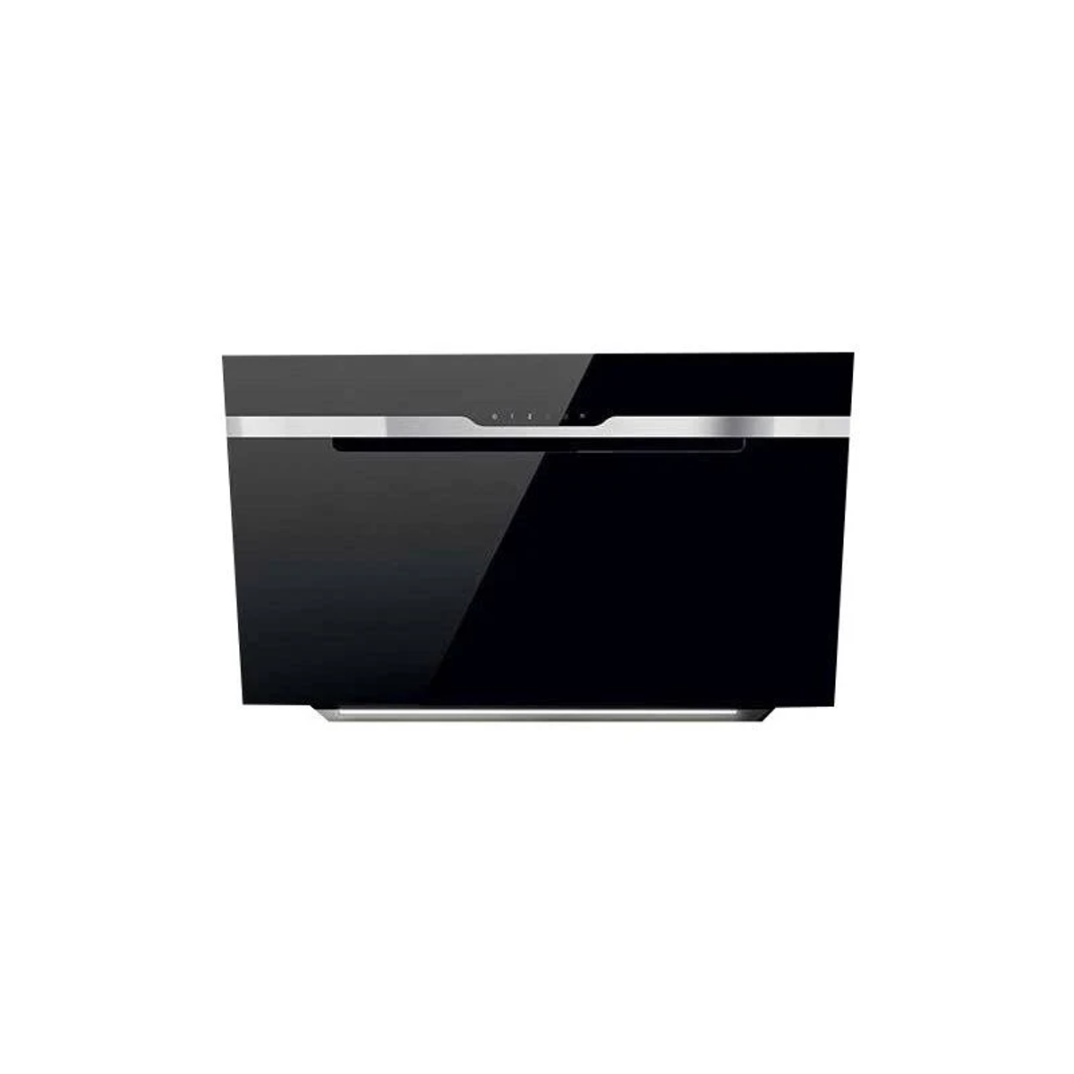 Moderna cappa aspirante nera con accenti argentati e pannello touch.