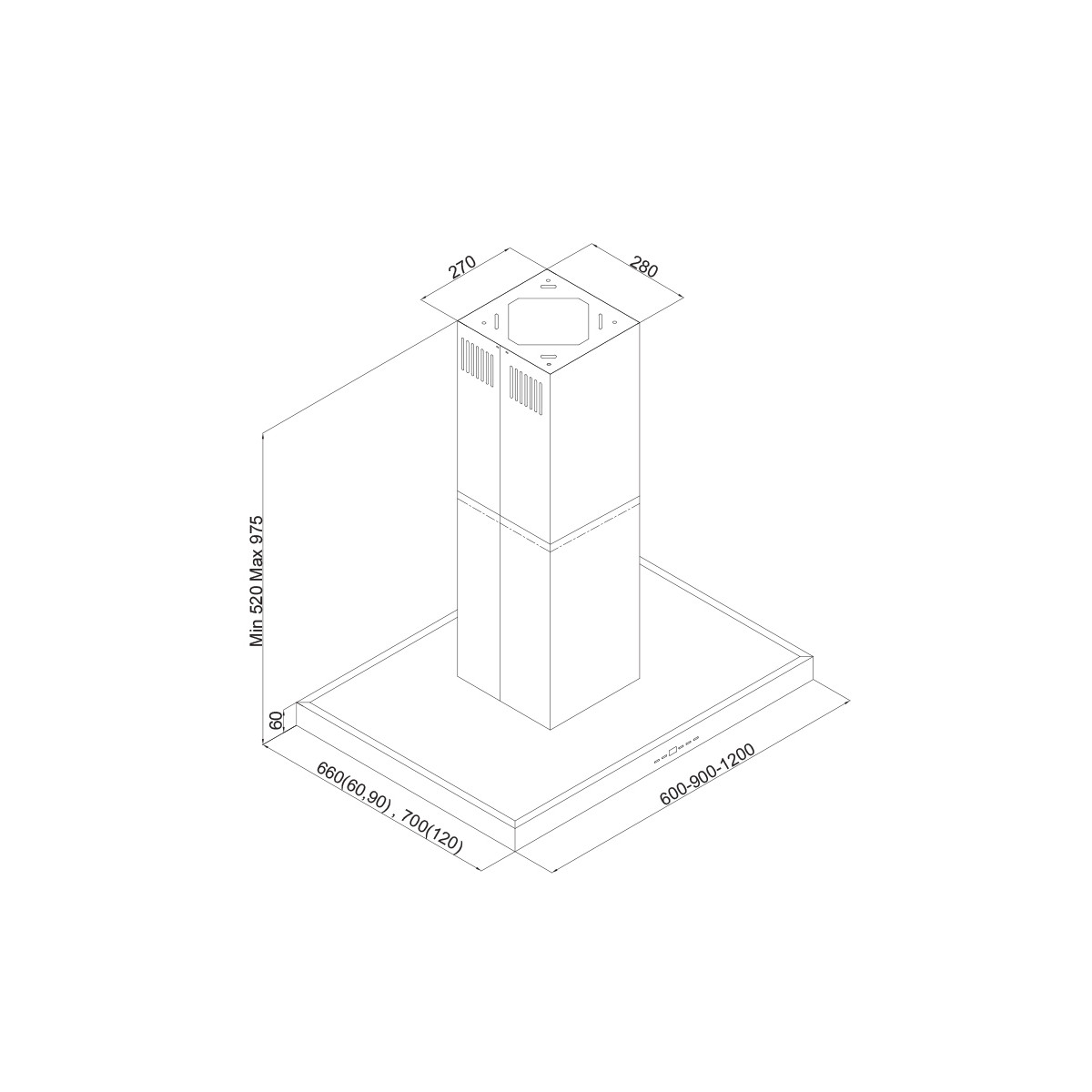 Disegno tecnico di una cappa aspirante con dimensioni 270x280mm e larghezza 600-1200mm.