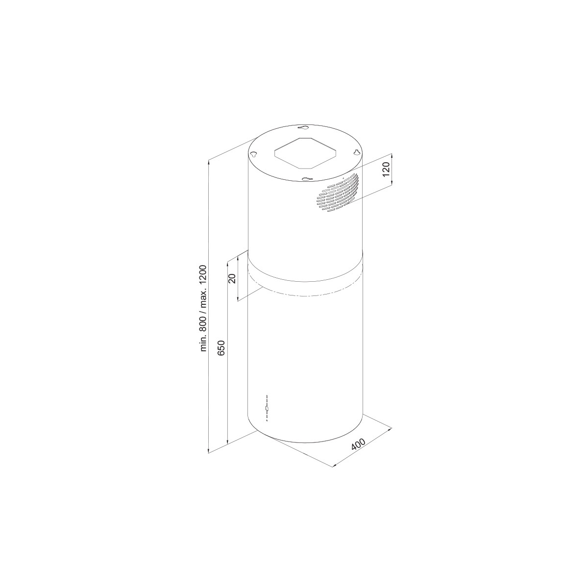 Disegno tecnico di un oggetto cilindrico con dimensioni.