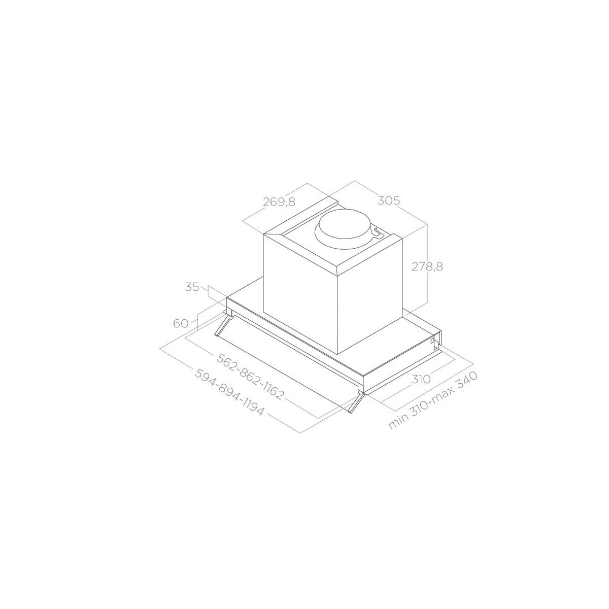 Disegno tecnico di una cappa da cucina con dimensioni.