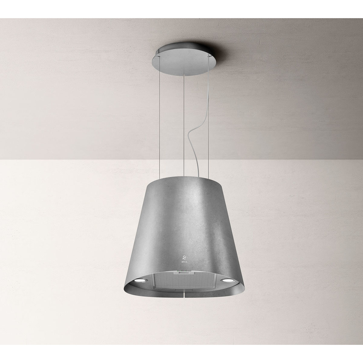 Cappa da cucina grigia a forma di campana con luci, sospesa al soffitto.