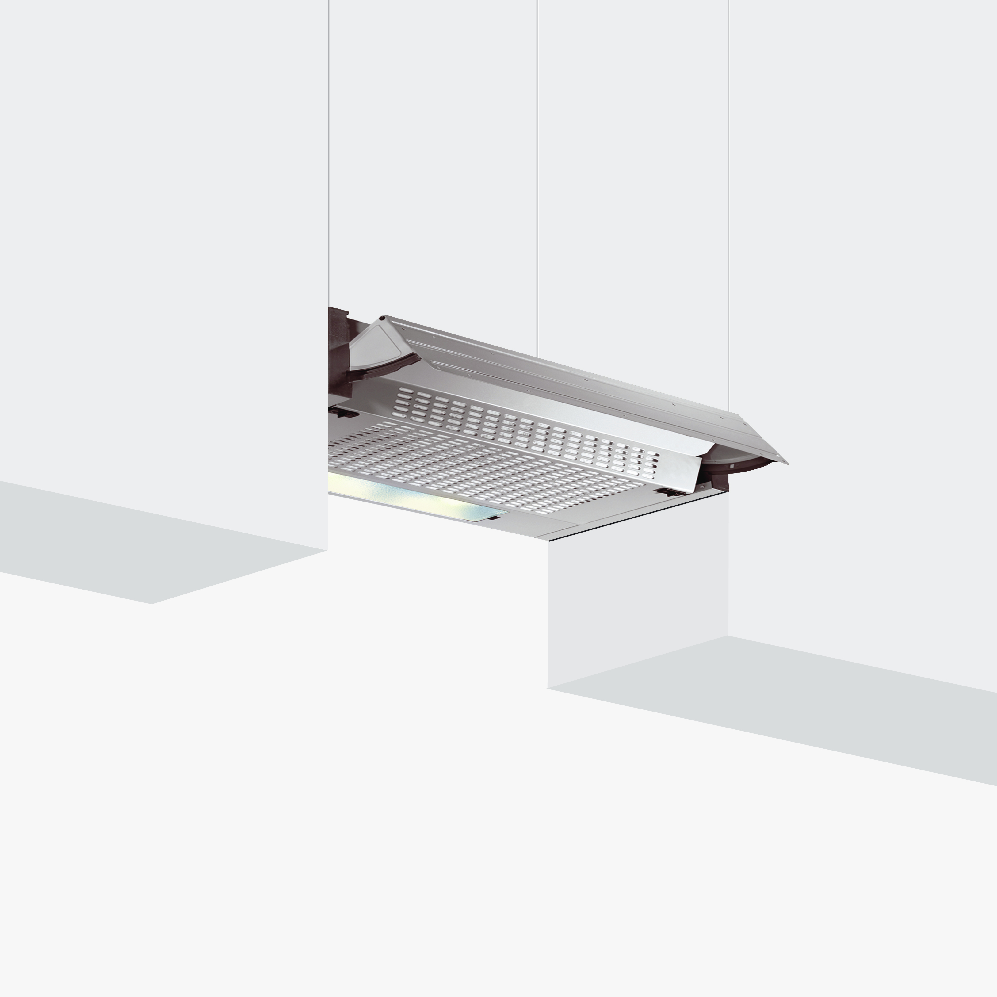 Cappa aspirante in acciaio inox con luce pende dal soffitto.