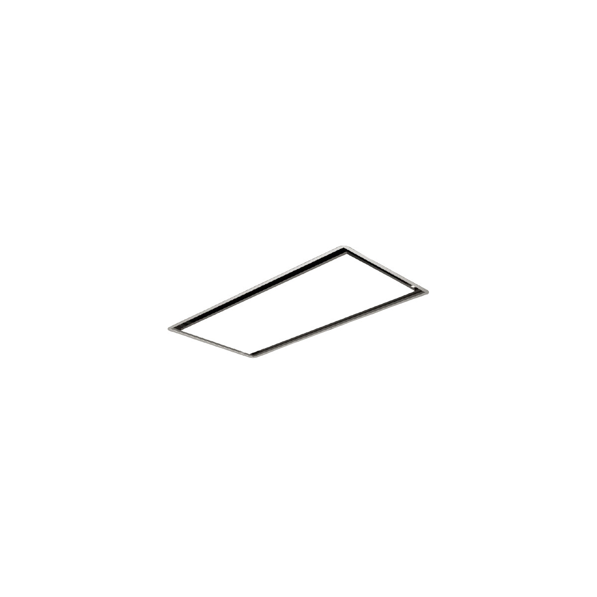 Un apparecchio di illuminazione piatto e rettangolare con cornice argentata e superficie illuminata bianca.