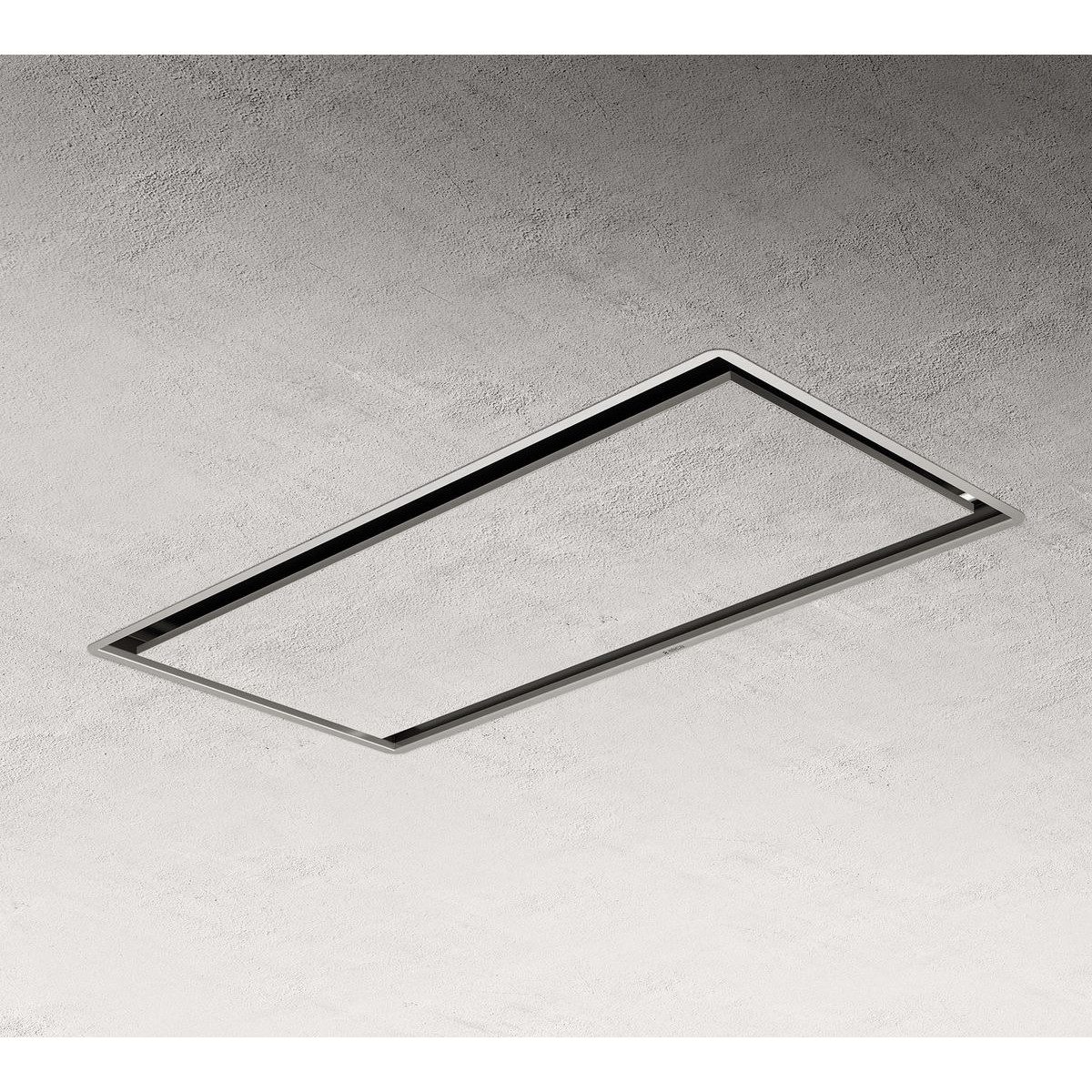 Una cornice rettangolare di cappa in metallo su una parete di cemento.