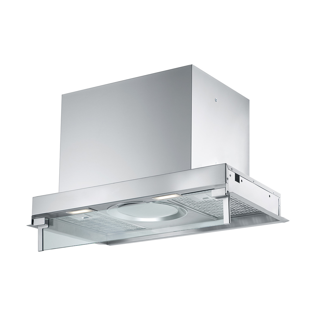 Moderna cappa aspirante in acciaio inox con frontale in vetro e luci.