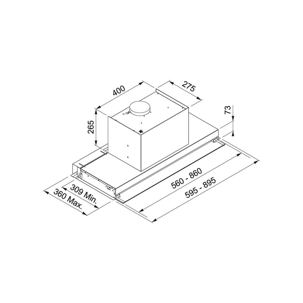 Disegno tecnico di una cappa da cucina con dimensioni.