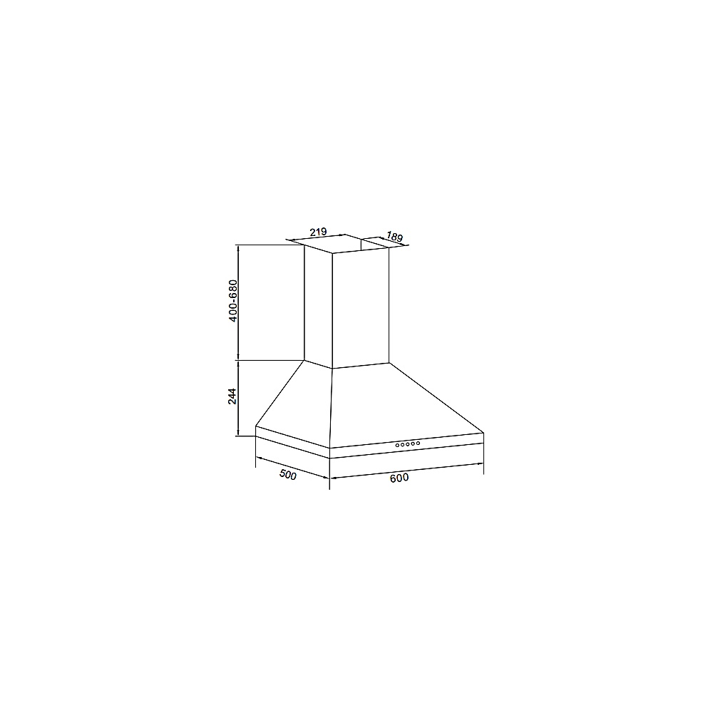 Disegno tecnico di una cappa aspirante con dimensioni 400-680mm altezza, 219/189mm larghezza, 500/600mm lunghezza.