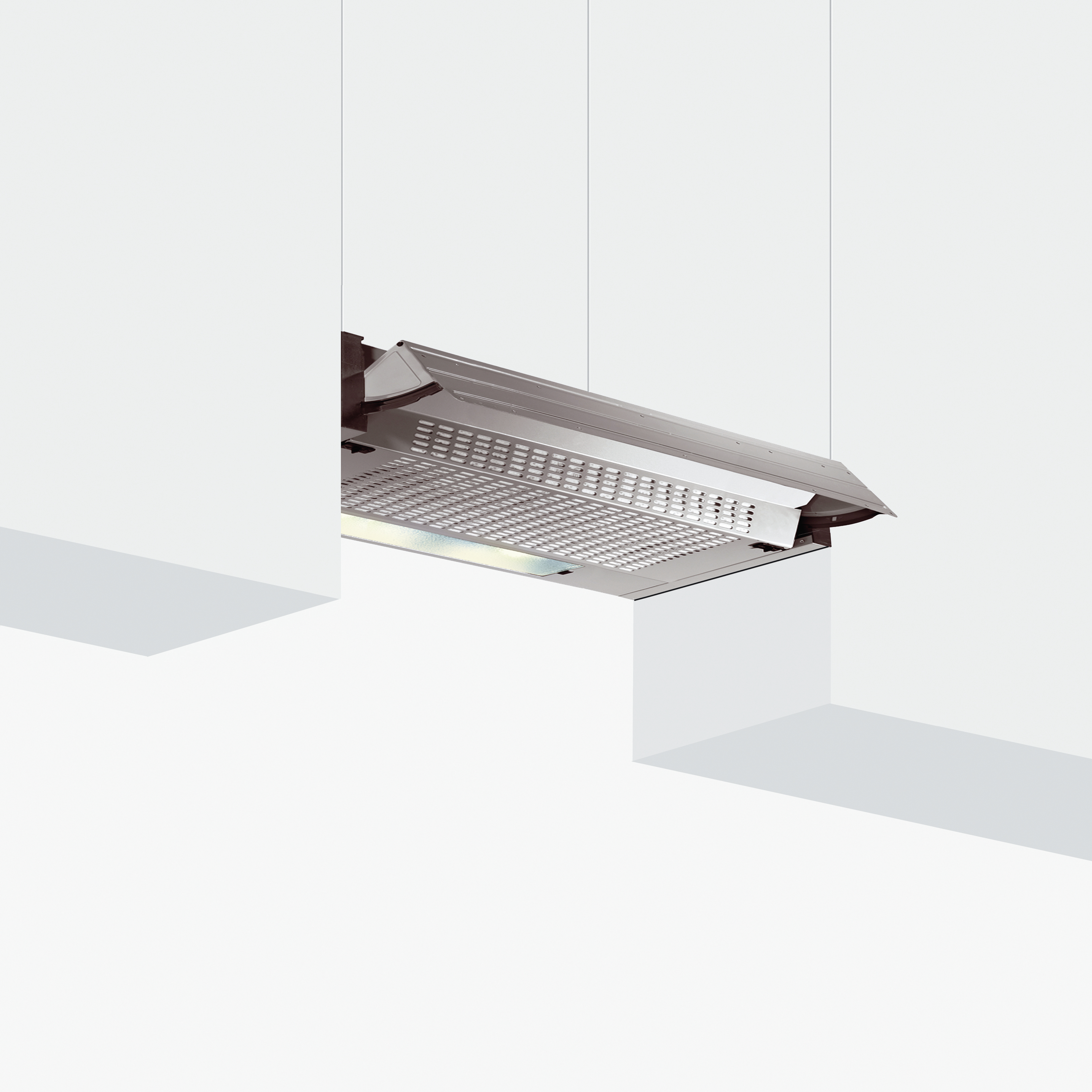Cappa in acciaio inox con illuminazione integrata appesa a fili.