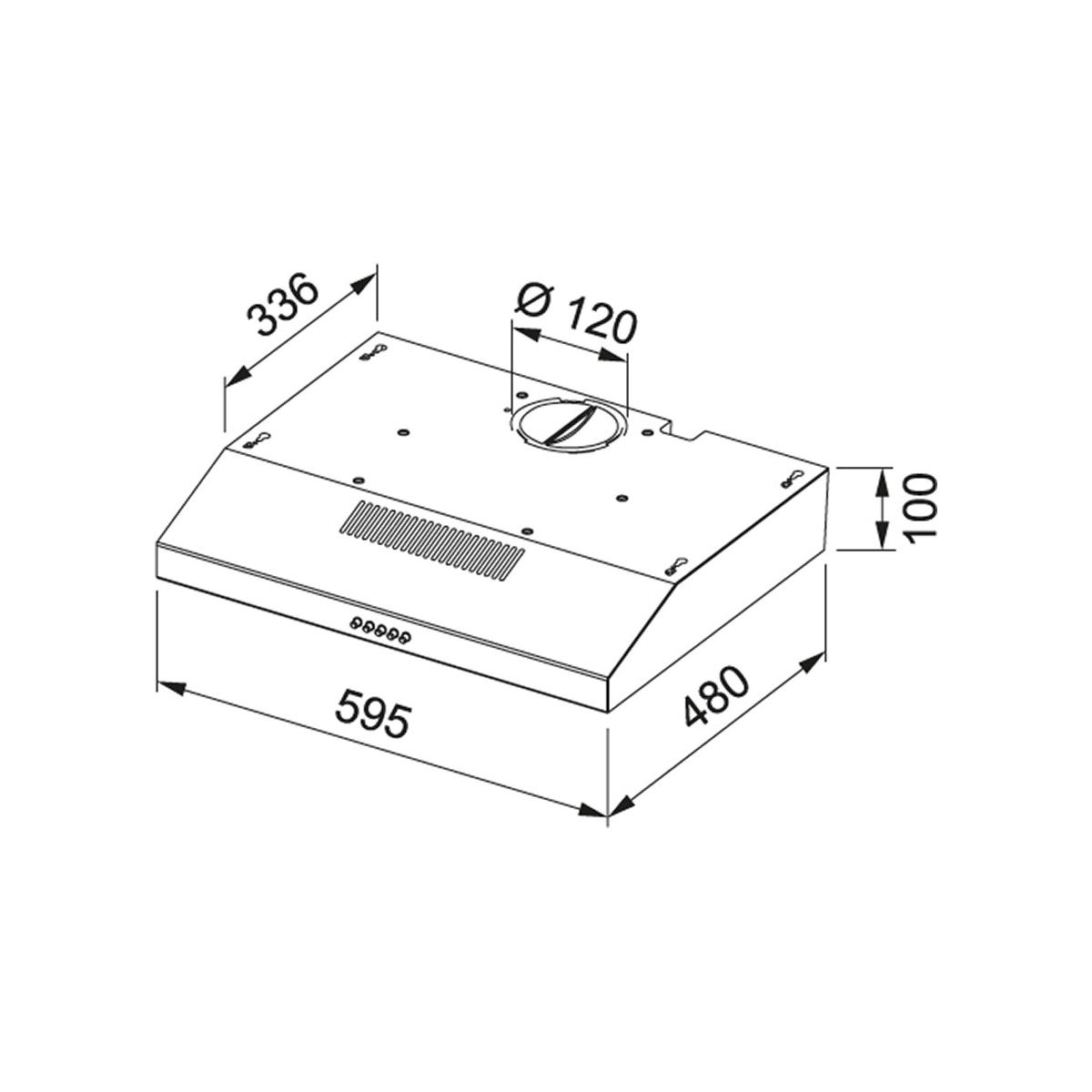 Disegno tecnico di una cappa da cucina con dimensioni.