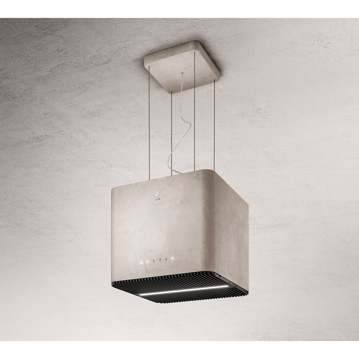Una moderna cappa da cucina beige pende dal soffitto, con luce e controlli.
