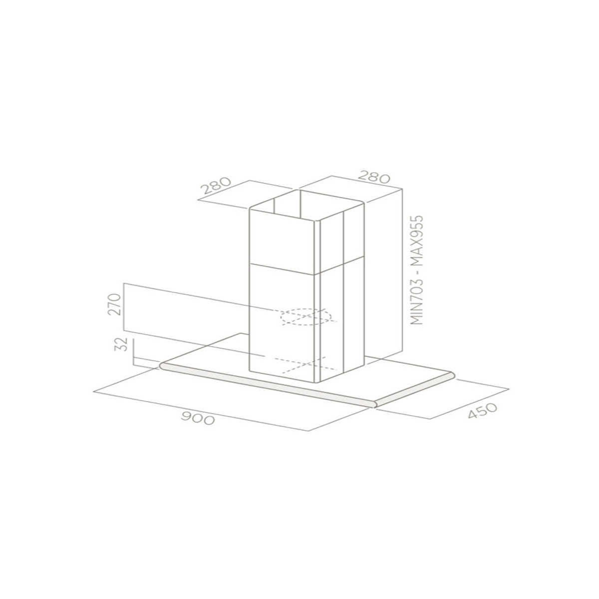 Disegno tecnico di una cappa da cucina con dimensioni.